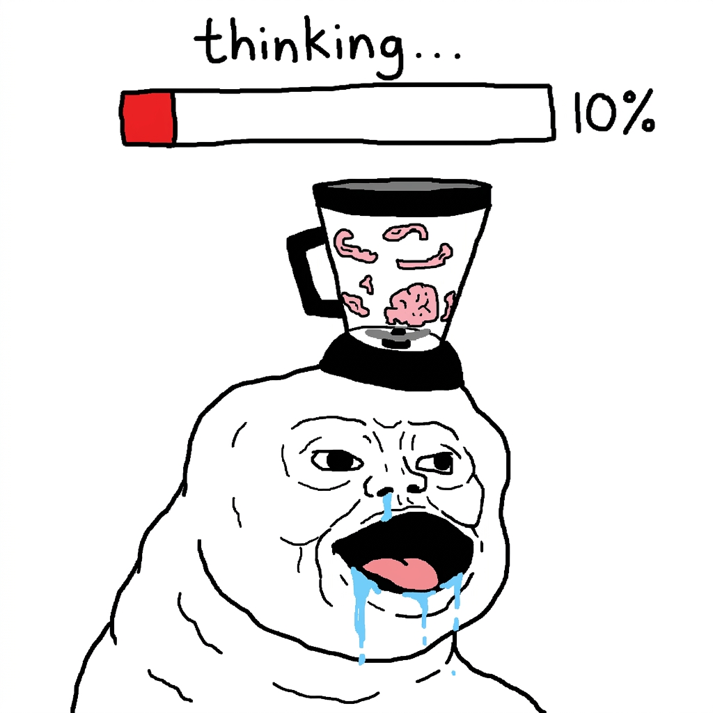 Blender-head character staring blankly under a loading bar that says thinking, 10 percent