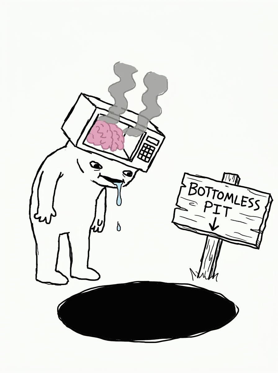 Microwave-head character peering into a hole next to a BOTTOMLESS PIT sign