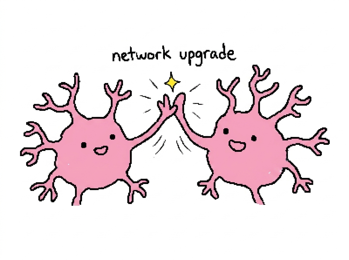Two pink neurons giving each other a high five under the words network upgrade