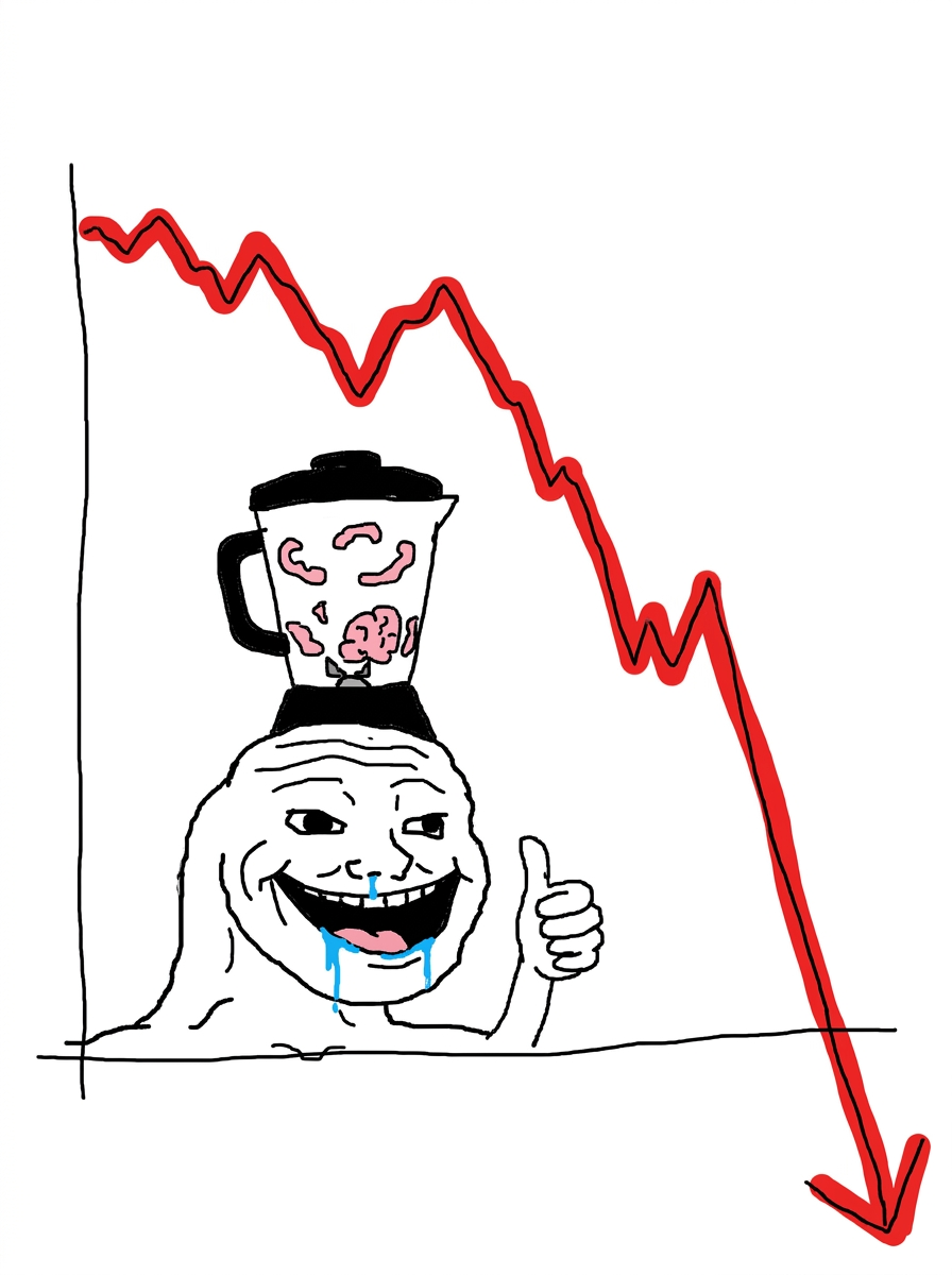 Blender-head character giving a thumbs up in front of a chart crashing downward