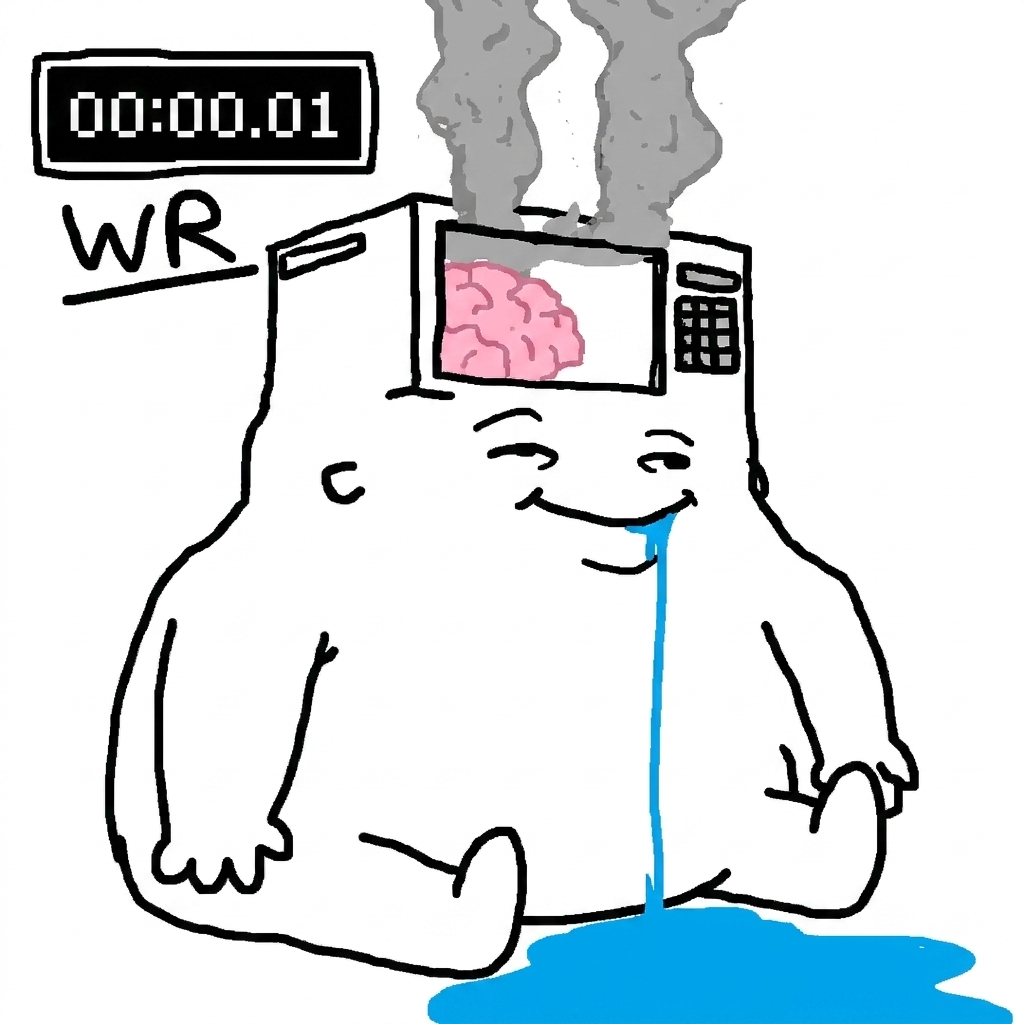 Microwave-head character drooling into a puddle beside a world-record speedrun timer