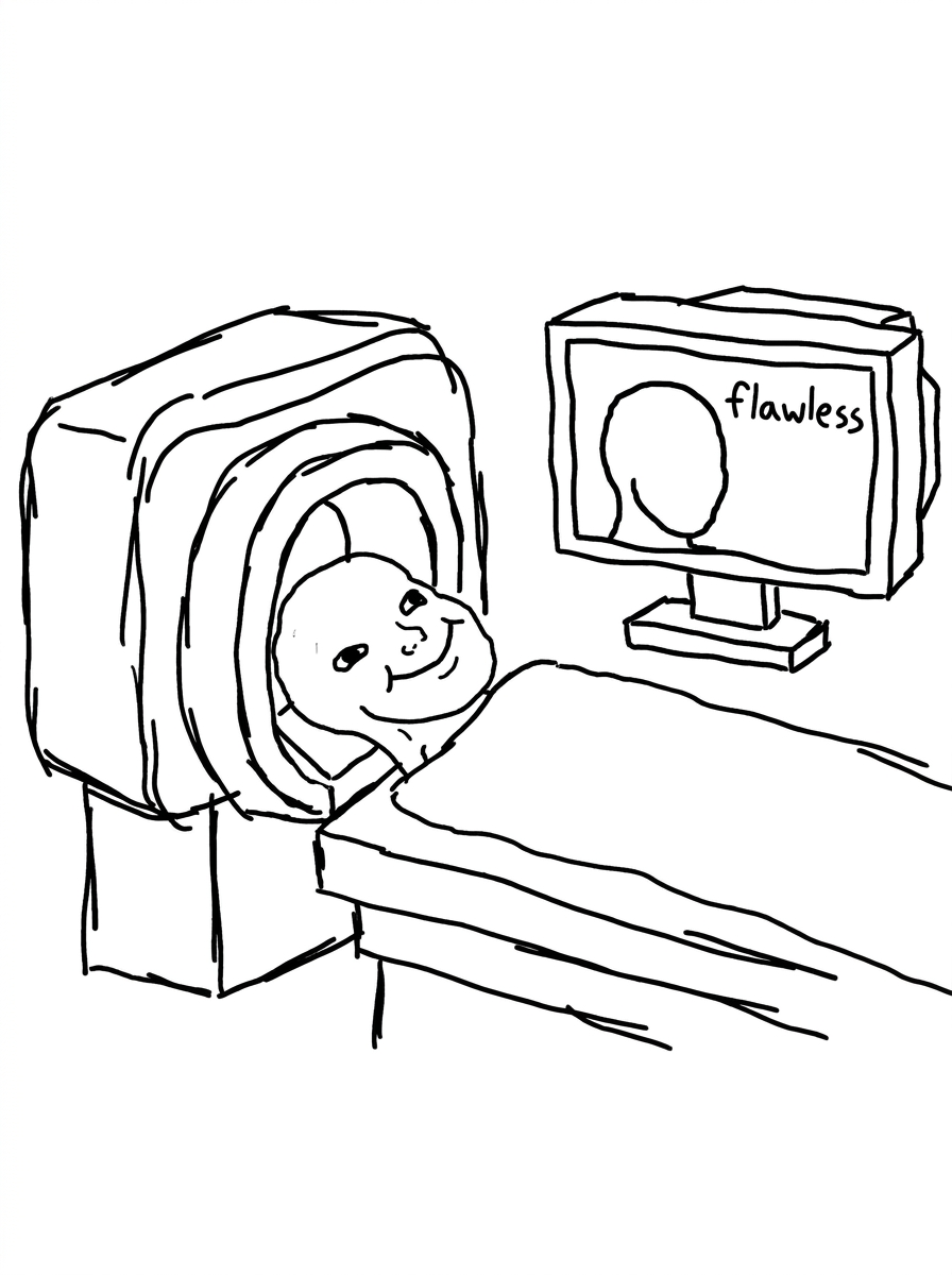 Character smiling inside a brain scanner while the monitor shows an empty head labeled flawless