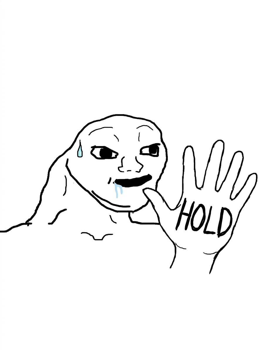 Character studying his own palm with HOLD written on it in marker